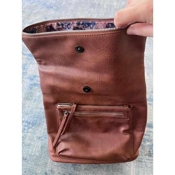 Brown Faux Leather Fold Over Bucket Shoulder Convertible Backpack - Picture 5 of 8